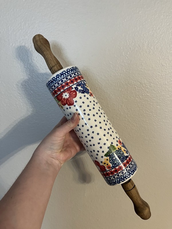 Pioneer Woman Ceramic Rolling Pin Dazzling Dahlias Retired Acacia Wood Handles gallery