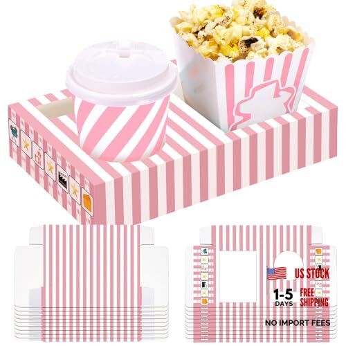 Dunzoom 20 Pcs Movie Night Supplies Movie Night Paper Snack Trays Pink Stripe