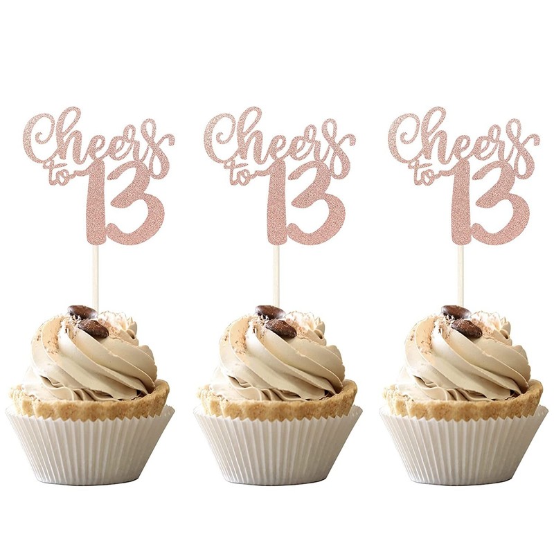 36 Piece Cheers to 13 Rose Gold Glitter Cupcake Toppers