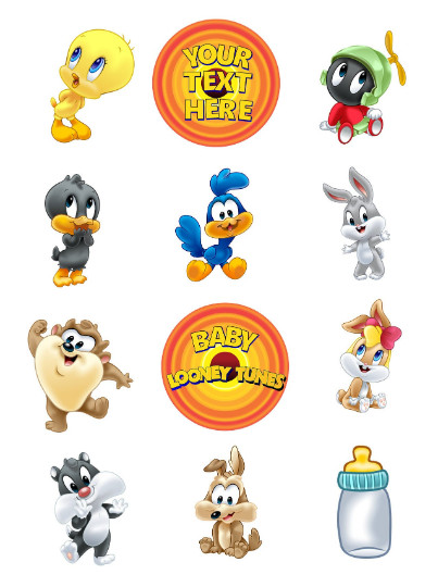 Baby Looney Tunes Edible Image Toppers. Edible Round Pre Cut Stickers.