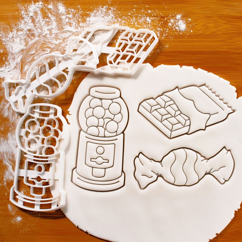 Set of 3 Sweet Cookie Cutters – Candy in Wrapper, Chocolate Bar, Gumball Machine