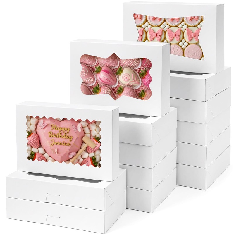 Moretoes 48pcs Cookie Boxes with 3 Style Window, 12x8x2.5In Bakery Boxes