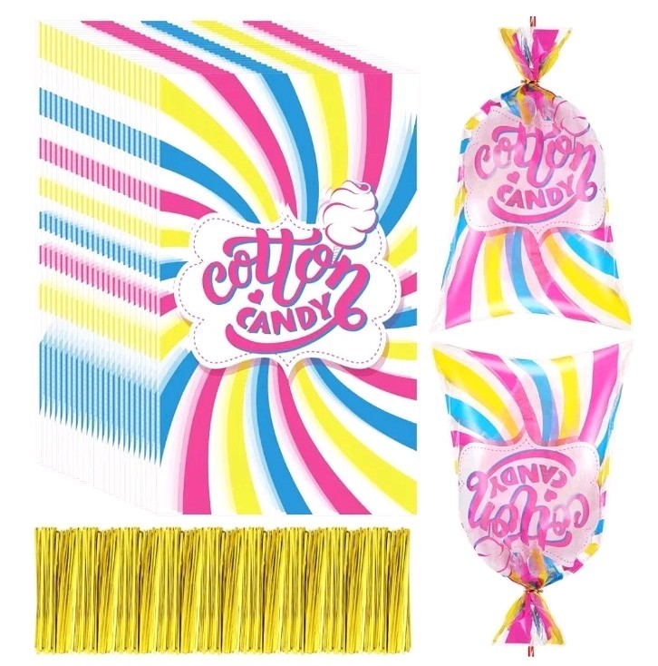 200 Pcs Carnival Cotton Candy Bags & Ties Large 18.5″ X 11.5″ Concession Stand