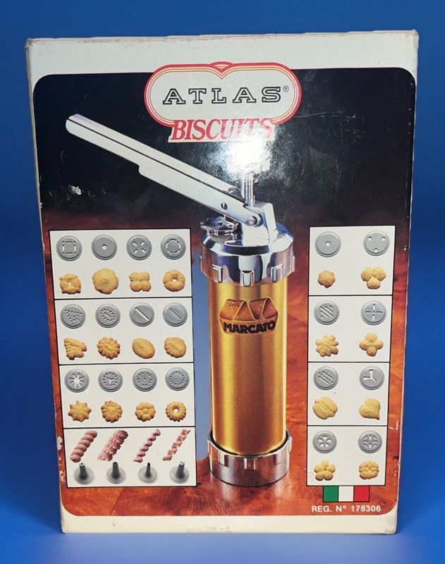 VTG Marcato Atlas Biscuits Cookie Press 4 Tips and 20 Discs w/ Box Complete VGC gallery