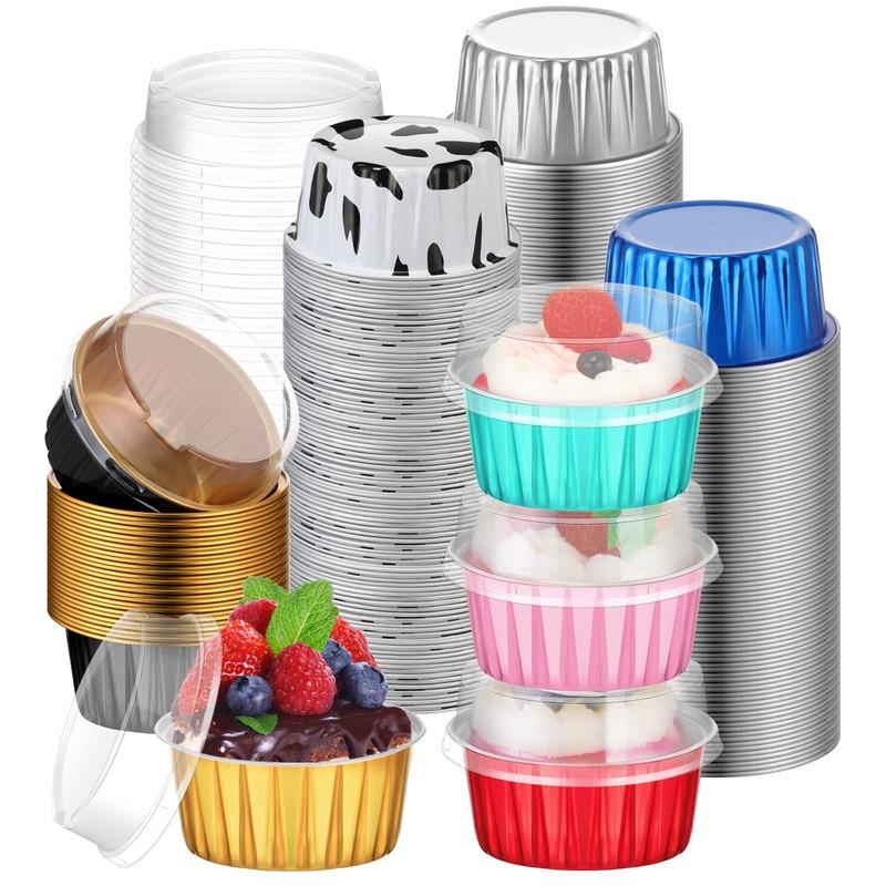 120 Pcs Aluminum Foil Baking Cups Mini Cake Pans with Lids 5 oz Cupcake Liner…