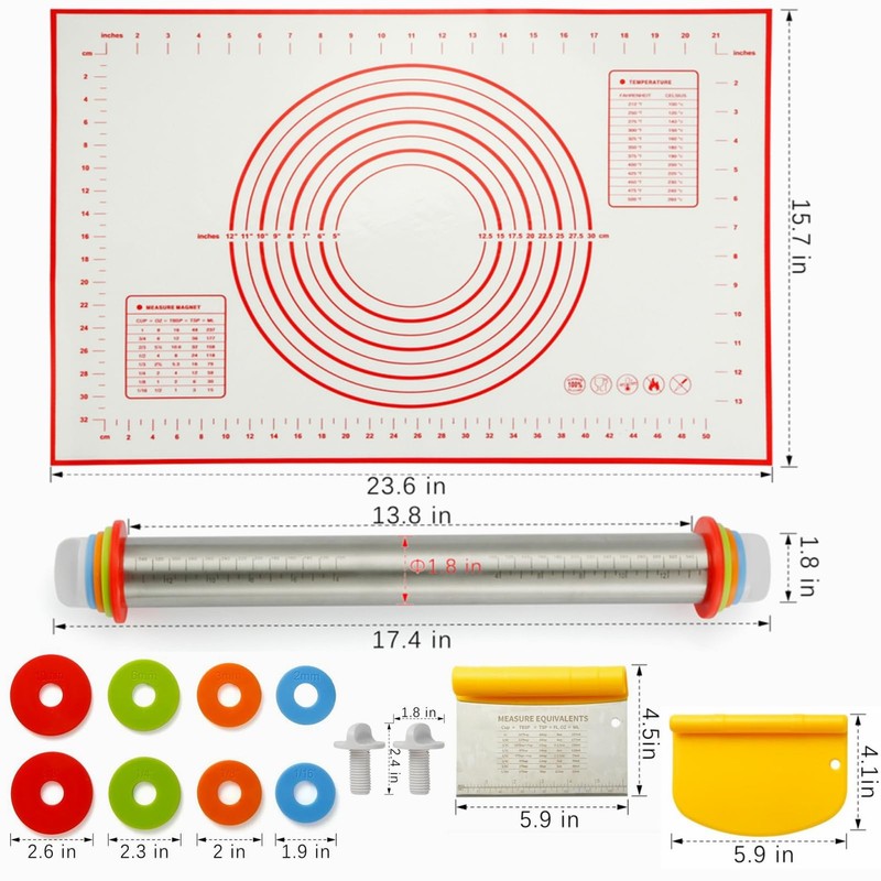 Rolling Pin with Adjustable Thickness Rings Stainless Steel 17.5 Dough Roller, 2 gallery