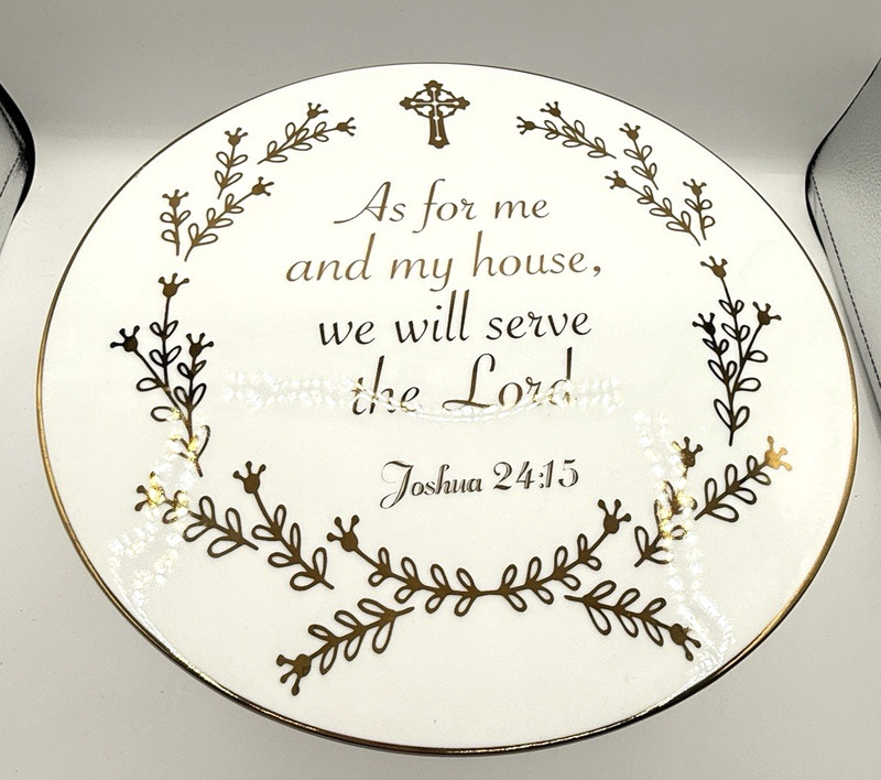 Joshua 24:15 CAKE STAND White Gold Lettering 4.5 x 11″ Ceramic Charming House