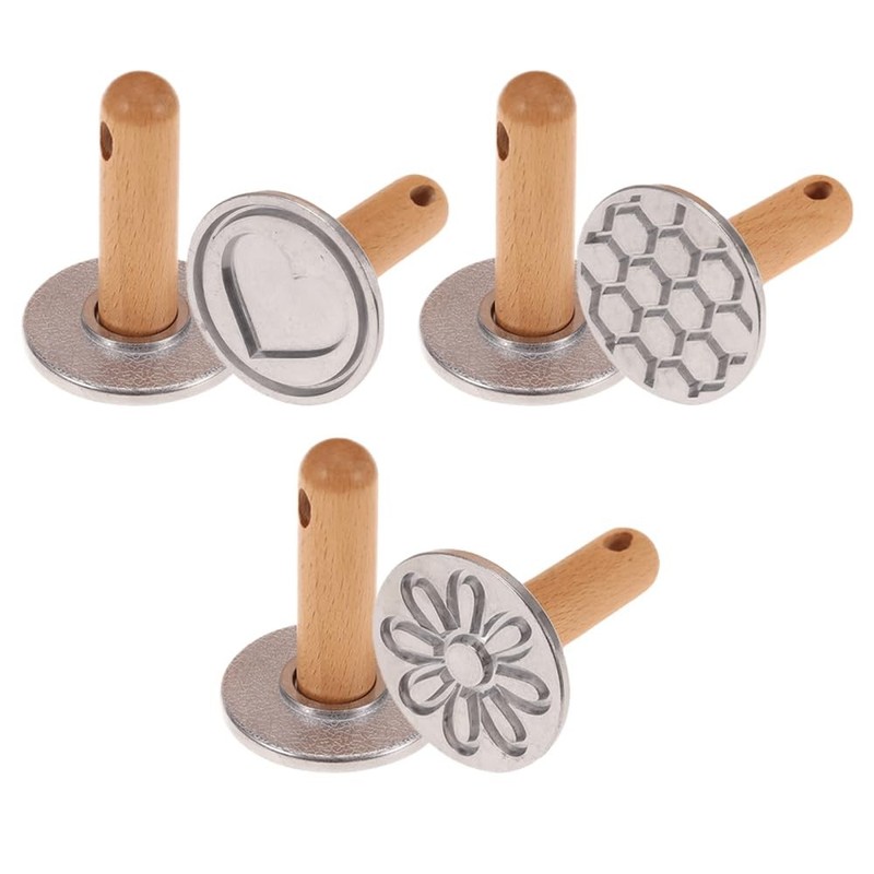 3 PCS Metal Cookie Stamps Biscuit Press Mold Wooden Handle DIY Baking