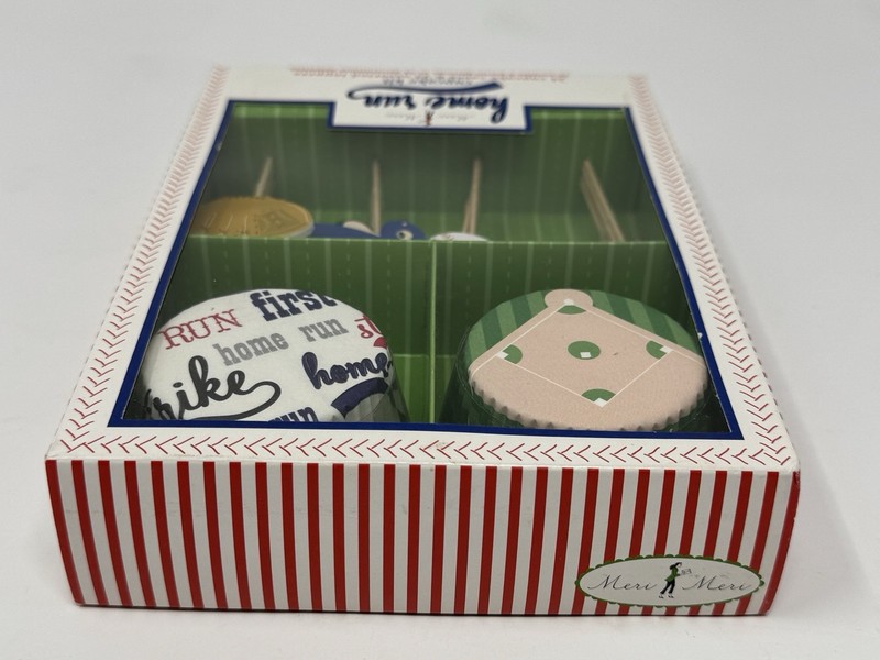 VTG Meri Meri CUPCAKE DECORATIONS KIT Home Run BASEBALL Liners Wrappers Toppers gallery