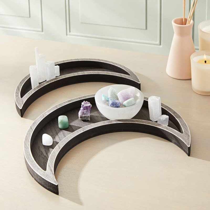 Farmlyn Creek 2 Piece Wooden Crescent Moon Tray for Crystals and Dark Brown gallery