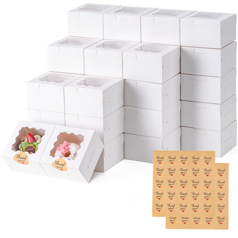50Pcs Cookie Boxes with Window, 4X4X2.5 Inches Bakery Boxes with 50Pcs Stickers