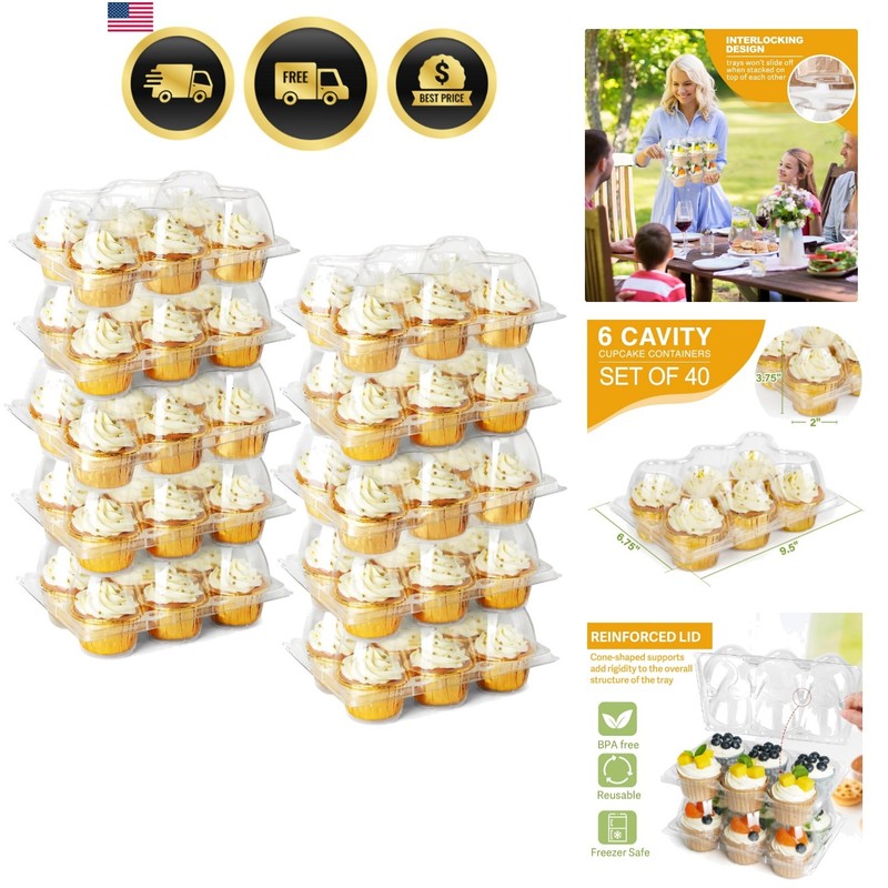6 Count x 40 Sets Cupcake Containers, Half Dozen Clear Cupcake Boxes, Thick P…