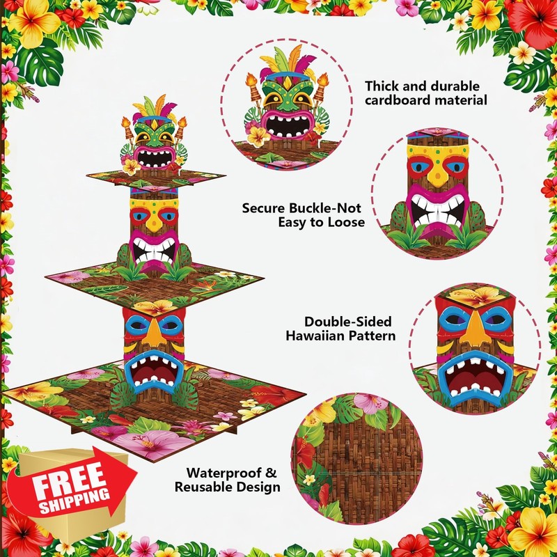 OHOME Luau Cupcake Stand 3 Tier Hawaiian Tiki Cake Holder Tropical Party Decor gallery