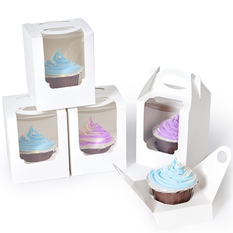 Cupcake Boxes 100 Pcs, Individual Cupcake Carrier White with Window Insert an…