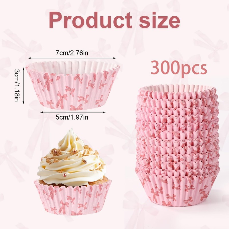 300 PCS Pink Bow Cupcake Liners Mini Paper Cake Wrappers Toppers Birthday Decor gallery