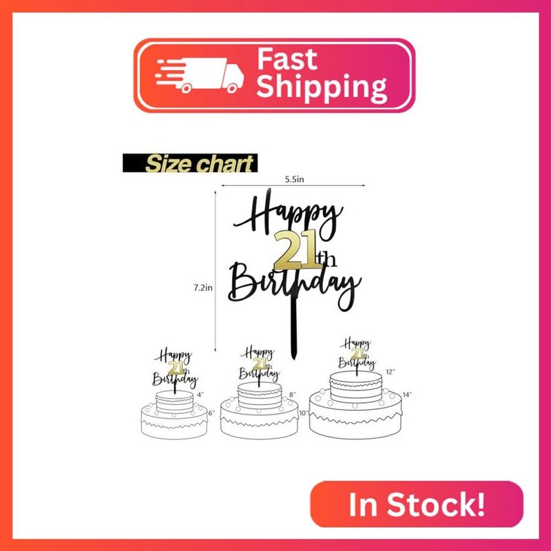 CC TOWN Happy 21th Birthday Cake Toppers, Double Sided Black & Mirrored Gold Acr gallery