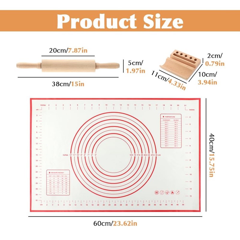 Rolling Pin Set for Baking, Wooden Dough Roller with a 24×16 Inch Silicone Ma... gallery