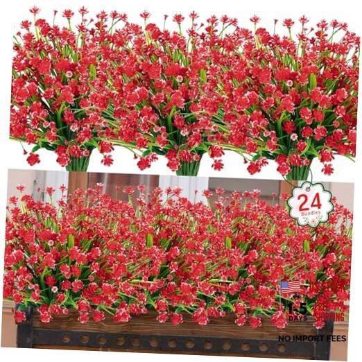 24 Bundles Artificial Flowers for Outdoors UV Resistant Fake 24 Packs Red