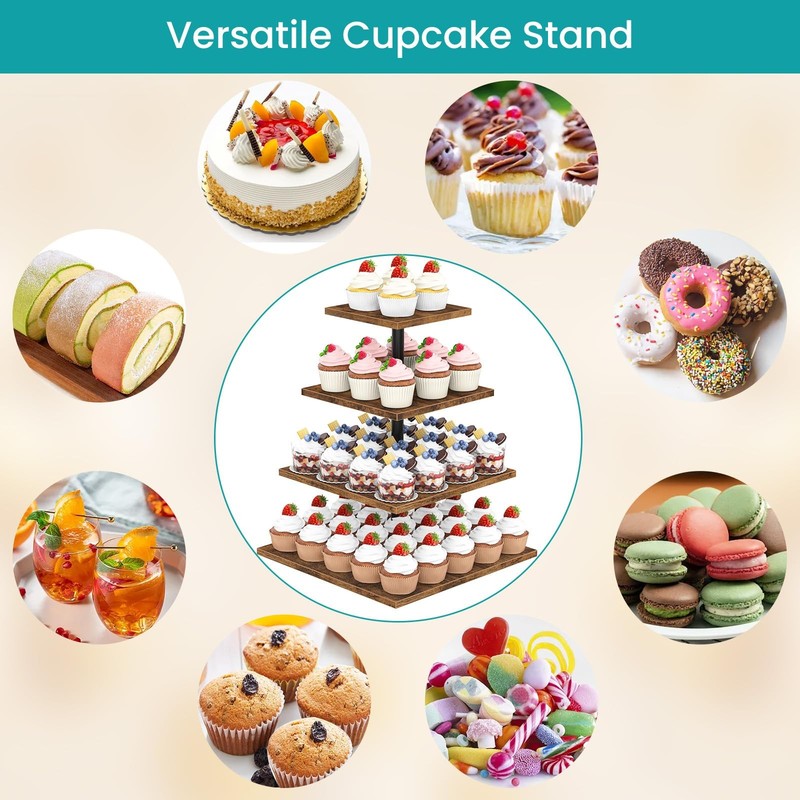 4 Tier Cupcake Stand, 360 Rotating Cupcake Stand for 50 Cupcakes, Square Tier... gallery