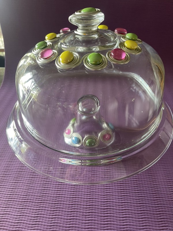 DARY REES CAKEPLATE AND DOMED COVER Vintage, Glass &Jeweled Stones Encased Wire gallery