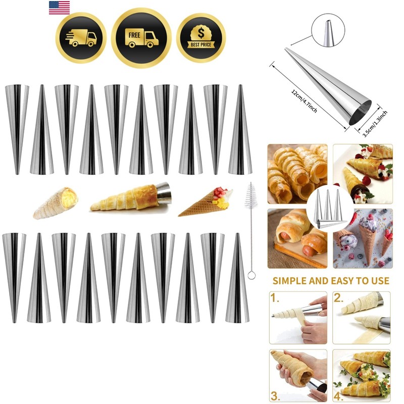 20Pcs Large Conical Cream Horn Molds, Non-stick Cream Horn Molds Stainless St...