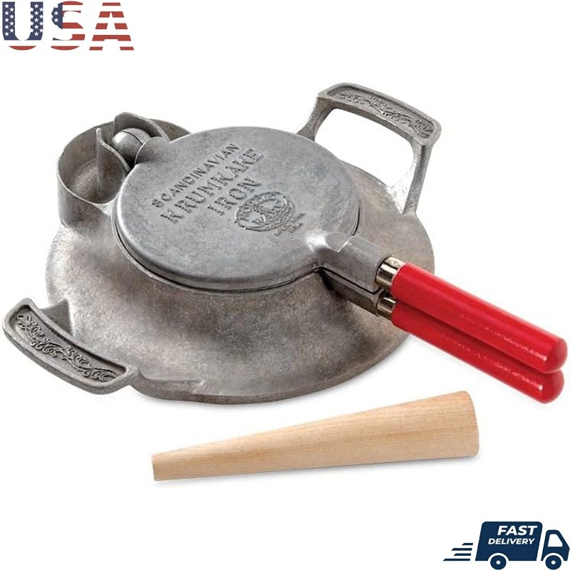 Scandinavian Cone Cookie Maker Krumkake Press Cast Aluminum Stovetop Set New