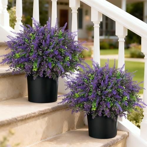 2 Sets Artificial Eucalyptus & Lavender Topiary Trees for Front Door – Faux