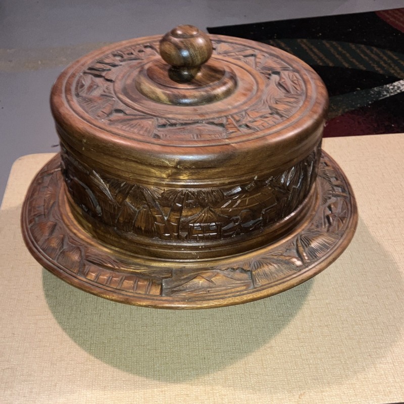 Vintage Hand Carved Wooden Cake Stand with Lid Abstract Pattern .Lazy Susan gallery