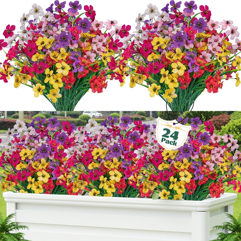 Lnoicy 24 Pcs Artificial Flowers for Outdoor,Plastic 24, Mix Colors