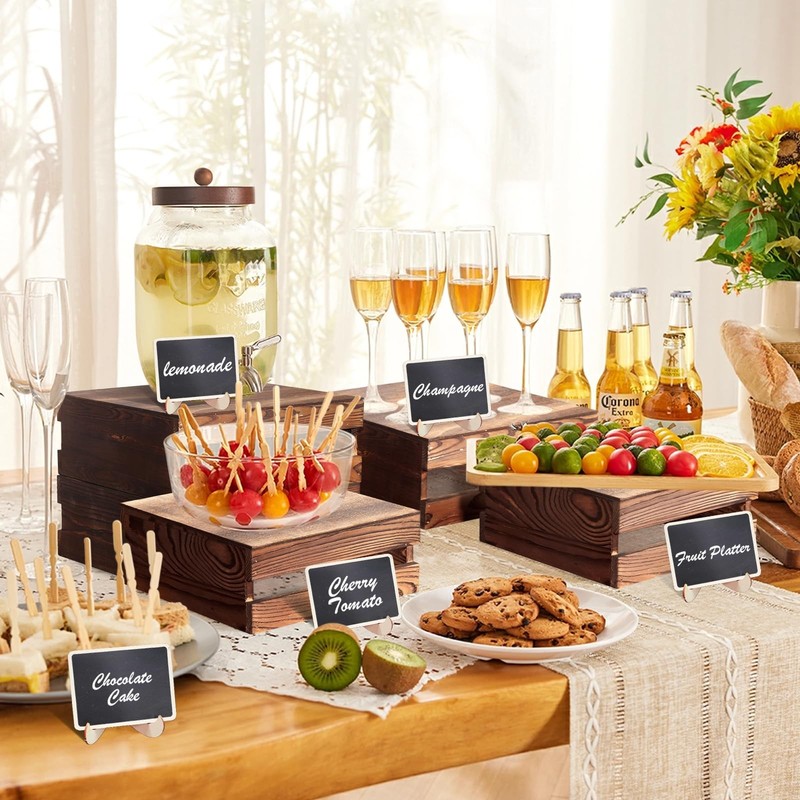 4 Pcs Buffet Risers with Mini Signs, Rustic Wood Cake Stands, Food Risers for... gallery