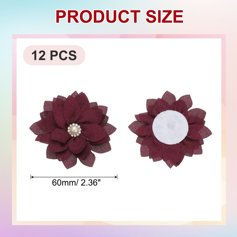 2.36 in Rhinestone Chiffon Flower, 12 Pcs Fabric Appliques, Wine Red gallery