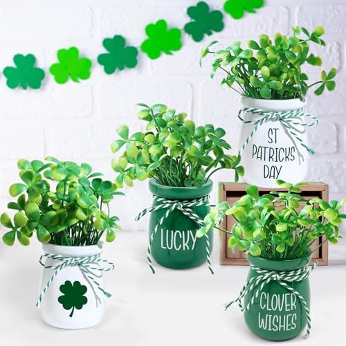 4 Pcs St Patricks Day Mini Jars with Artificial Shamrock MIni Vase Fake gallery
