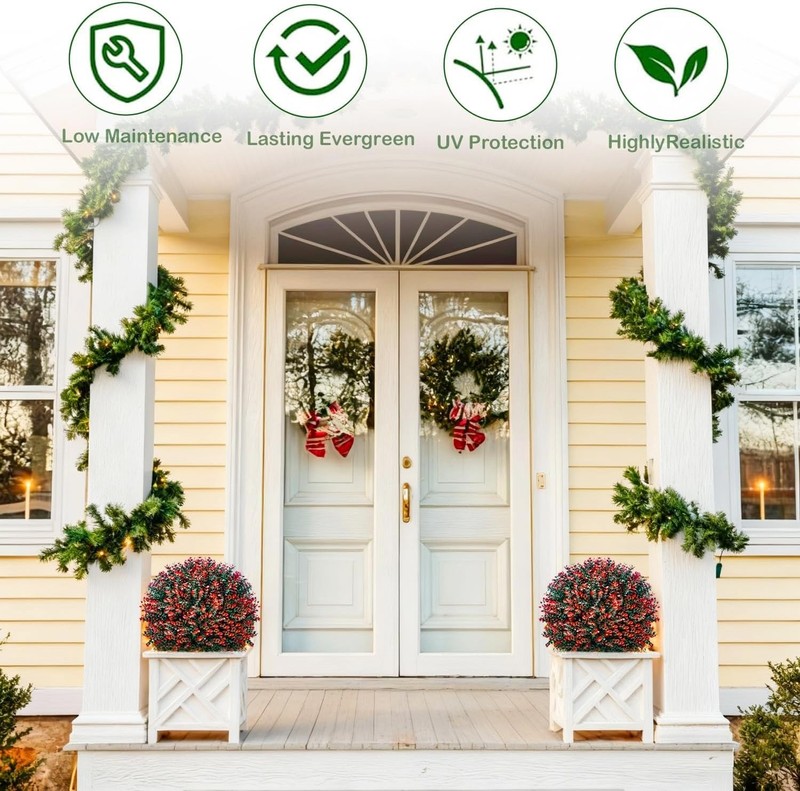YUGYUM 2 Pack Artificial Red Topiary Ball Trees 24" UV Resistant Faux Boxwood Pl gallery