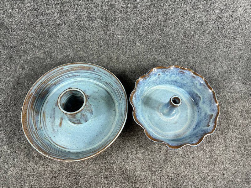 Handmade Ceramic Cake Stand Pedestal Pie Dessert Plate Blue Glaze Set of 2
