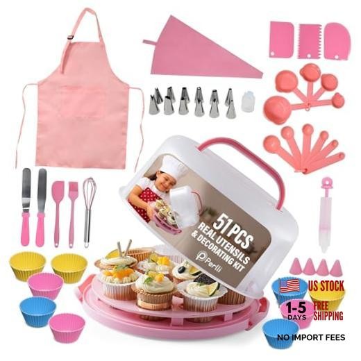 Kids Cake & Cupcake Baking Set – 51 Pieces Real Utensils & Decorating Kit Pink