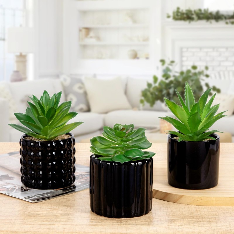 Briful Succulents Plants Artificial In Black Ceramic Pots Set Of 3 Small Fake gallery