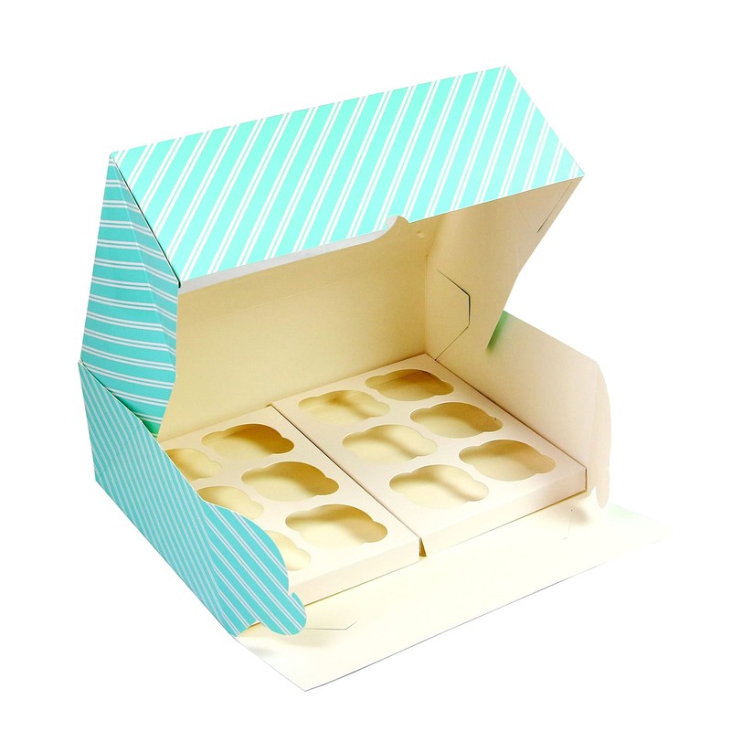 5-Count 14x10x4 inch Cake Cupcake Box Blue Stripe with Window and Insert gallery