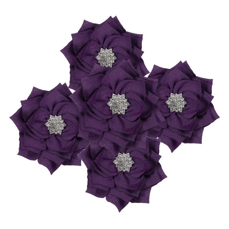 3 Inch 5 Pcs Rhinestone Pearl Chiffon Flower, Dark Purple