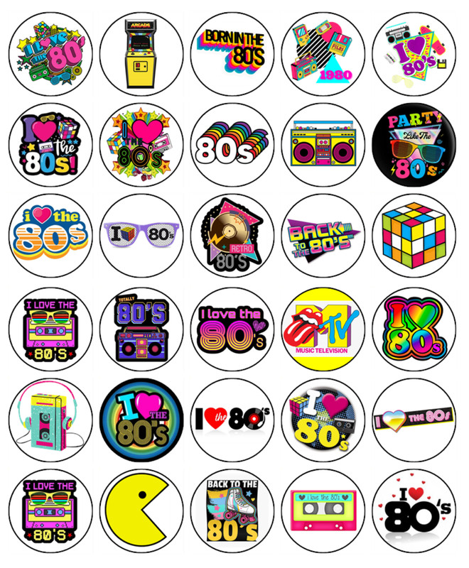 80s Theme Edible Icing Cupcake Toppers – Retro Disco Birthday Party Decorations