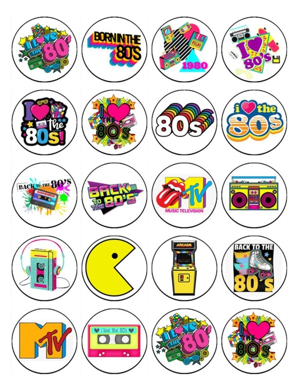 80’s Theme Edible Wafer Cake & Cupcake Toppers | Retro Birthday Cake Decorations