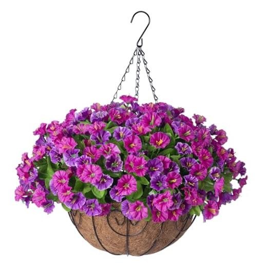 Artificial Hanging Flowers with Basket, Faux Silk Petunias Lotus and Fuchsia