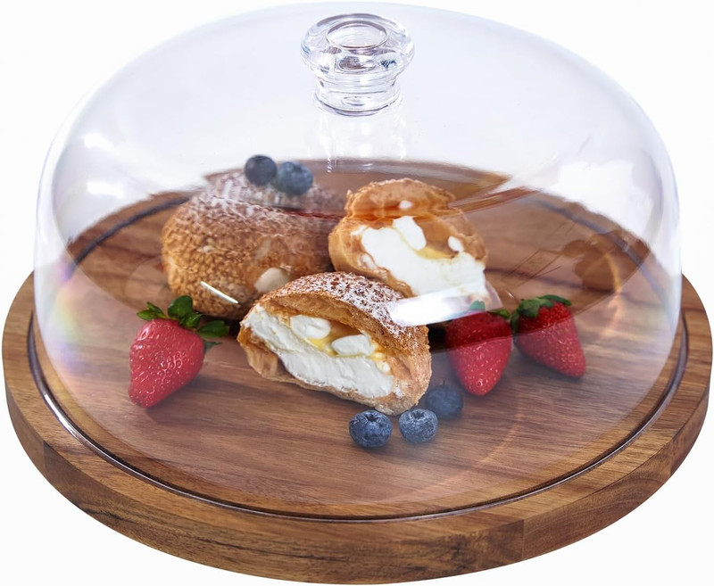 Cake Stand with Lid, Acacia Wood 12In round Cake Holder, 2-In-1 Dessert Table Di