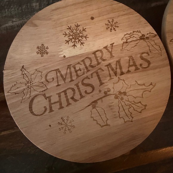 Set of 2 Wooden 6.5" Merry Christmas Cake Stands Dessert Display Lazer Engraved gallery