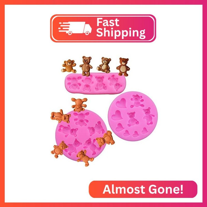 3 Pieces Bear Silicone Mold Valentine’s Day Fondant Mold Cute Bear Chocolate Fon