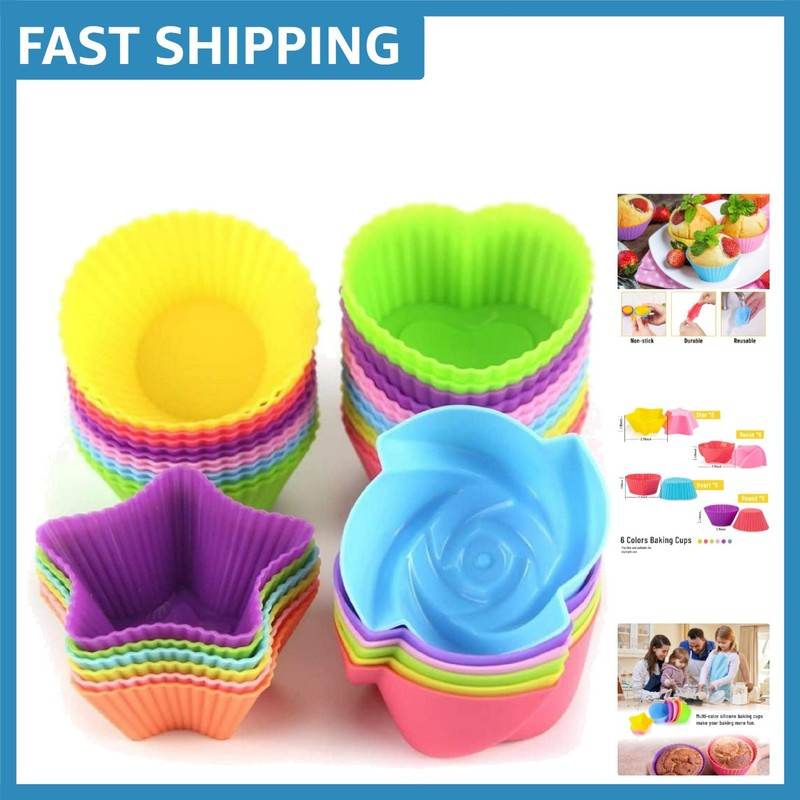 24 Pcs Reusable Non-Stick Silicone Cupcake Liners in Fun Shapes – Eco-Friendly