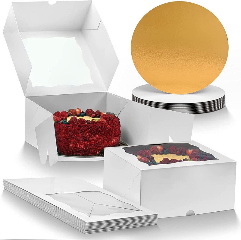 DELIHIDE Cake Boxes & Boards Set – 12 White Boxes, 12 White/Gold Cake Boards 10″