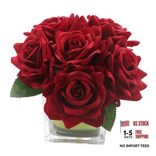 Fule Artificial Velvet Rose Flower Centerpiece Arrangement in vase for Burgundy