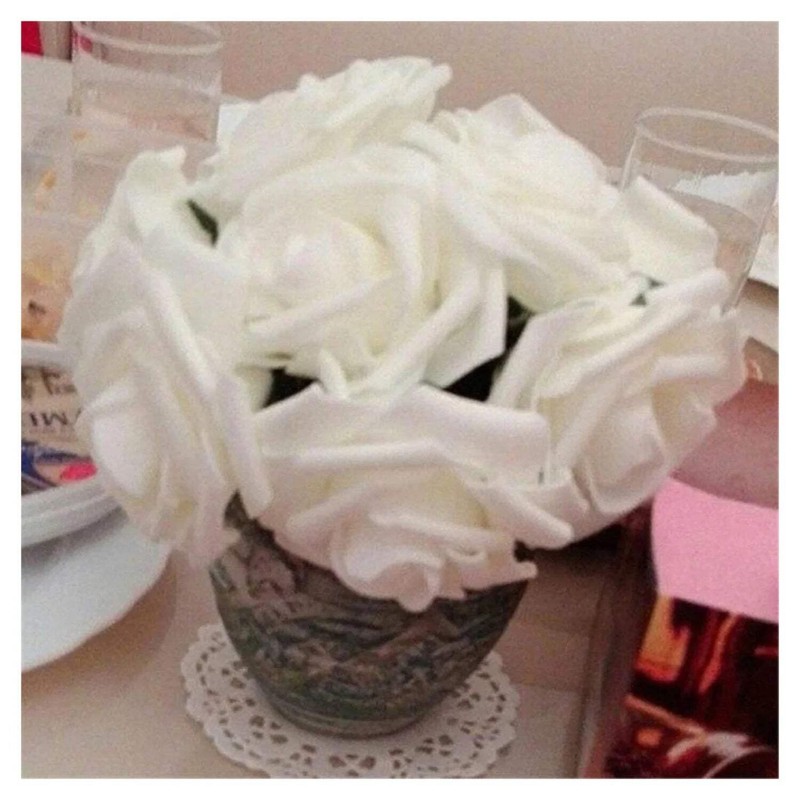 60pcs 8cm Artificial Flowers with Stems Foam Rose Fake Bride Bouquet Wedding Set gallery