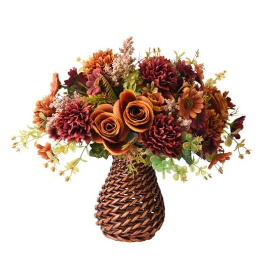 Artificial Faux Flowers in Vase, Fake Silk Floral Arrangements Rose Brown