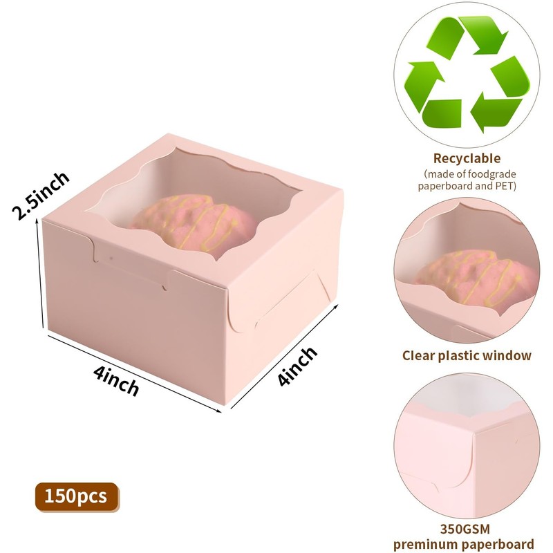 150pcs Pink Small Cake ,4x4x2.5 Inch Bakery Boxes with Window,gift boxes bulk... gallery